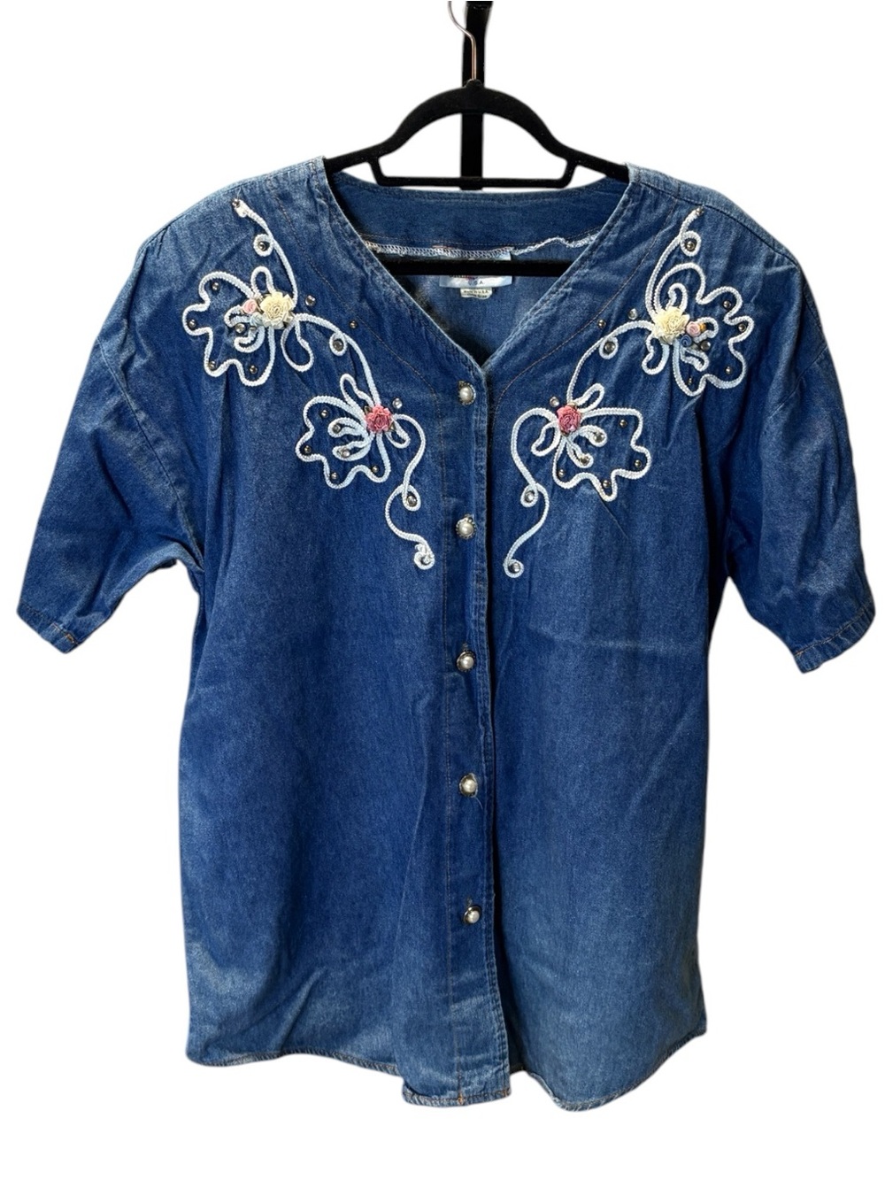 Green Field USA Embroidered Denim Button-Down Shirt - Blue